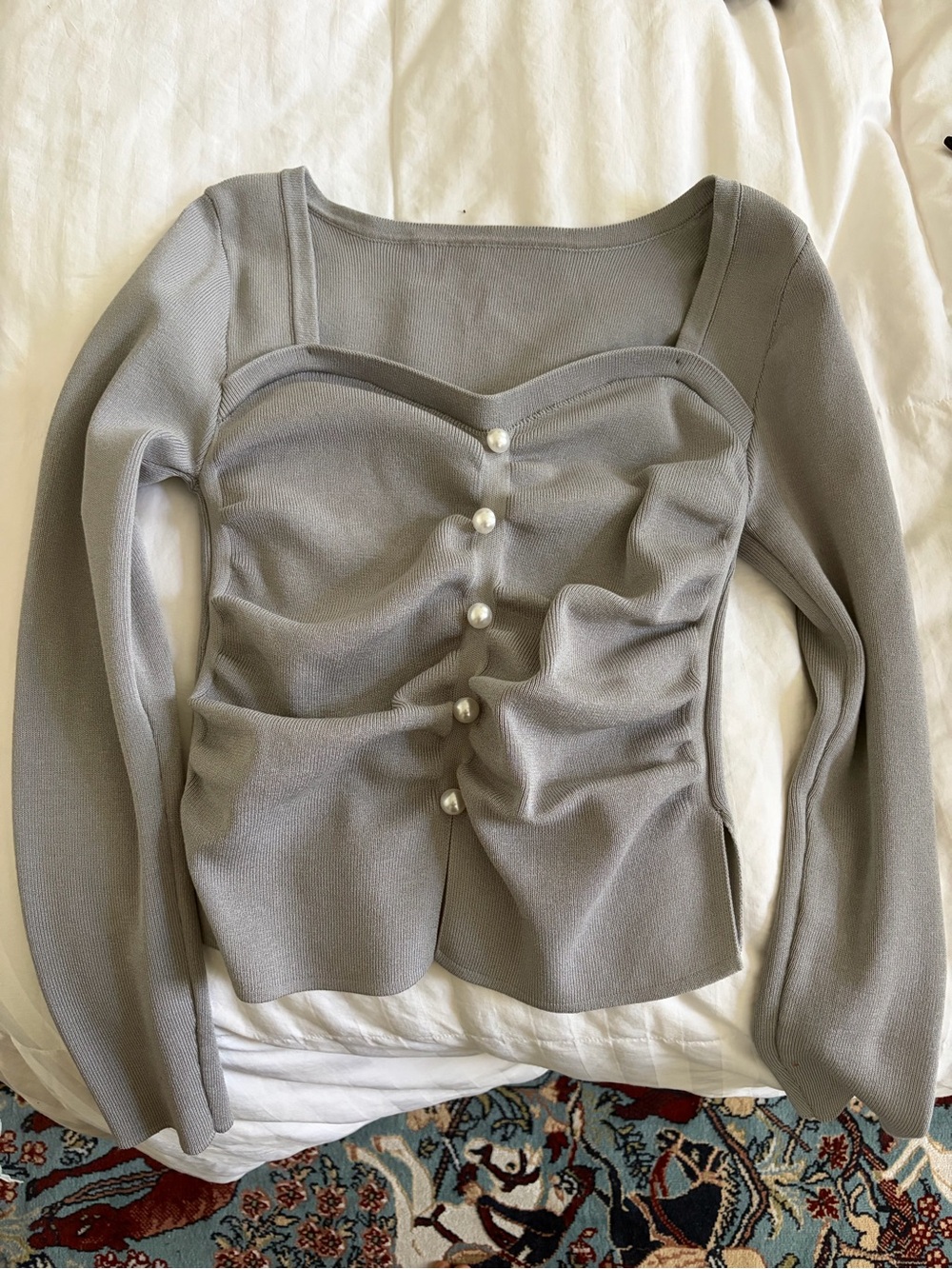 Grey Button-Front Long Sleeve Ribbed Top - Picture 4 of 4